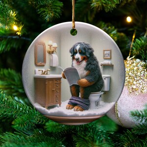Bernese Mountain Dog Sitting on Toilet Scene Ceramic Ornament, Dog Bathroom Art, Pup Restroom Gifts, Dog Reading a Magazine, Trendy Dog Gift