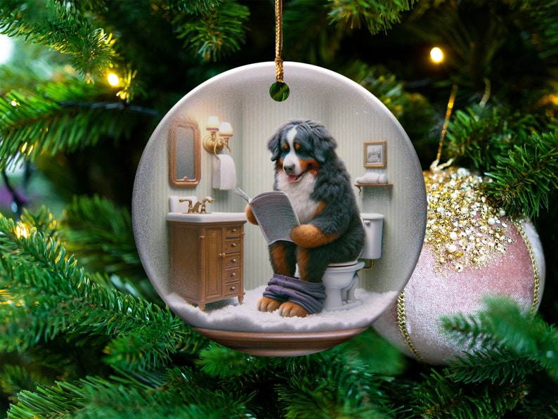 Bernese Mountain Dog Sitting on Toilet Scene Ceramic Ornament, Dog Bathroom Art, Pup Restroom Gifts, Dog Reading a Magazine, Trendy Dog Gift