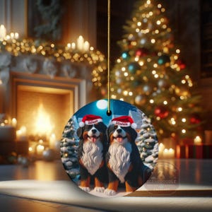 Op de afbeelding: Een ronde kerstversiering met twee Berner Sennenhonden met rode kerstmutsen. De honden staan voor een besneeuwde bossc&egrave;ne met volle maan. De namen "Edison" en "Einstein" staan op de mutsen. Met een gouden draad om op te hangen.