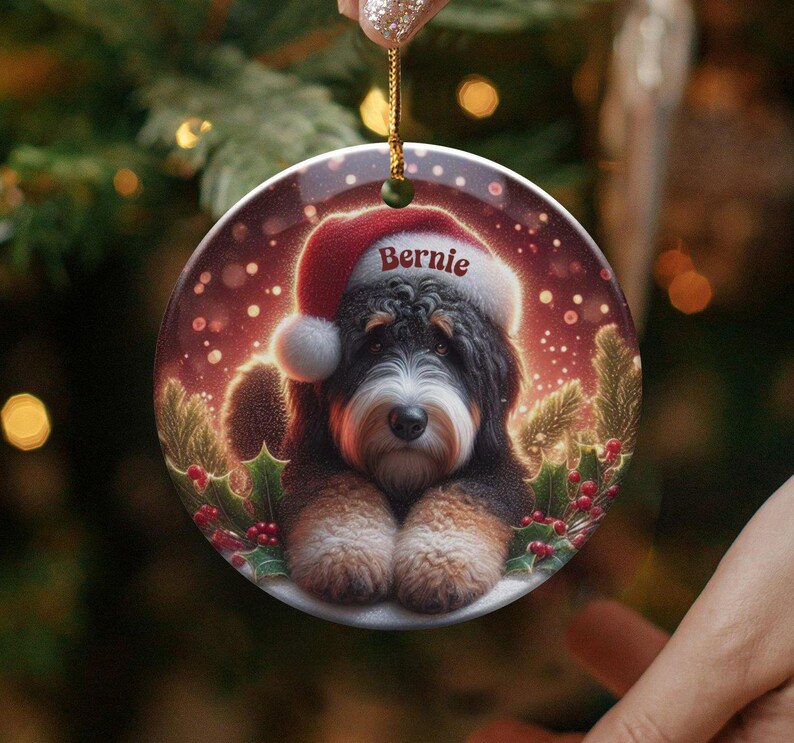Custom Bernedoodle, Festive Tree Decor Ornament | Sublimation Print | Two-Sided Pet Lover Gift Keepsake image 1