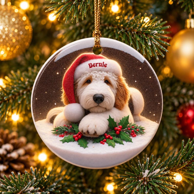 May include: A round white ceramic Christmas ornament featuring a fluffy cream and tan dog wearing a red Santa hat with the name Bernie printed on the brim. The dog rests on a snowy surface decorated with green holly leaves and red berries.