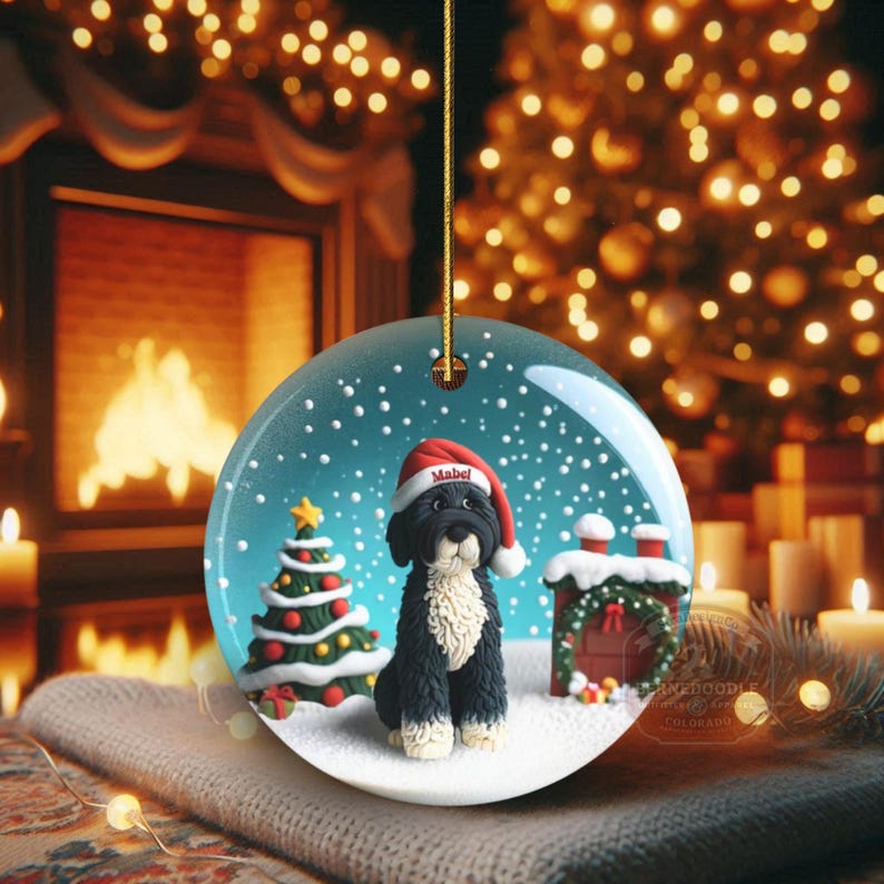 Individuell gestalteter Hunde-Ornament Bernedoodle, Weihnachtsmannmütze, festliches Erinnerungsstück (beidseitiger Sublimationsdruck, Keramik) Bild 15