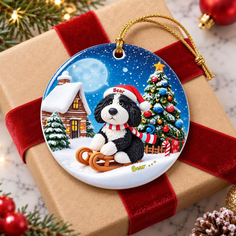 A ceramic ornament featuring a black and white dog wearing a Santa hat, sitting on a sled and looking at the camera, with a snowy village scene and a full moon in the background.