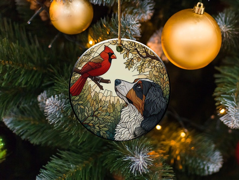 Cardinal and Bernese Mountain Dog Ceramic Ornament, Oil Paint Style Design, Cardinal Lovers Gift, Mothers Day, Bird Lovers, Custom Bird and Dog Gift