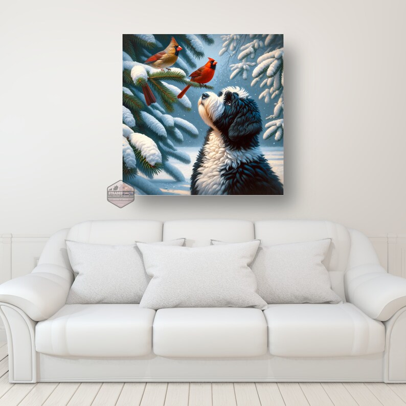 Bernedoodle canvas art, cardinal bird print, mid-west woods decor, dog and nature wall art, cotton canvas print, indoor vibrant artwork, 100% cotton art, detailed animal canvas, large wall canvas, pet lover gift, nature-inspired decor. Superbowl gift