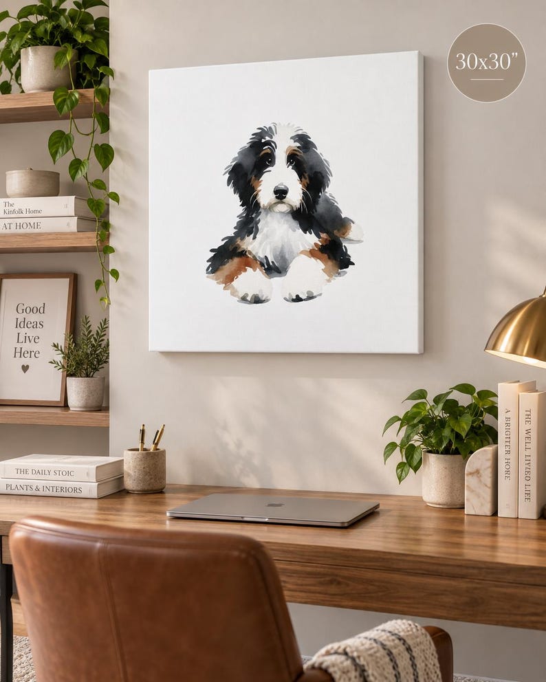 Puede incluir: Un lienzo cuadrado con una ilustraci&oacute;n en acuarela de un cachorro de boyero de Berna con pelaje negro, blanco y marr&oacute;n. La obra de arte est&aacute; etiquetada con el texto 30x30 pulgadas en la esquina superior derecha de la imagen.