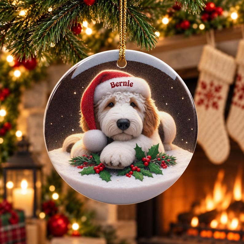May include: A round ceramic Christmas ornament featuring a fluffy white and tan dog wearing a red Santa hat with the name Bernie printed on the brim. The dog rests on a snowy surface decorated with green holly leaves and red berries.