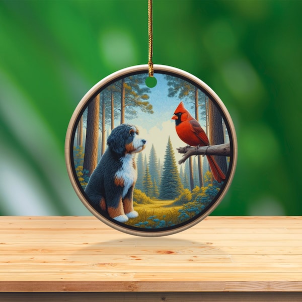 Cardinal and Bernedoodle Ceramic Ornament, Oil Paint Design, Bird Dog Gift