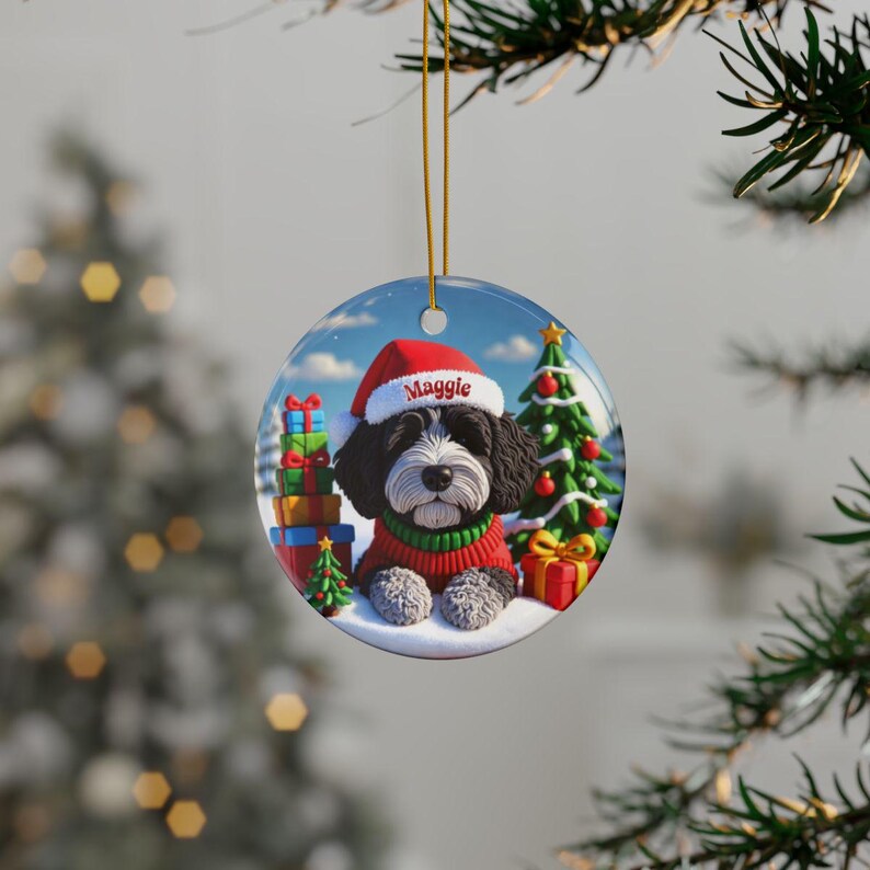 Custom Dog Christmas Ornament, Personalized Pet Holiday Decoration, Cute Dog with Santa Hat, Custom Name Dog Ornament