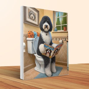 Funny Dog on Toilet Canvas Art: Hilarious Bathroom Decor image 1