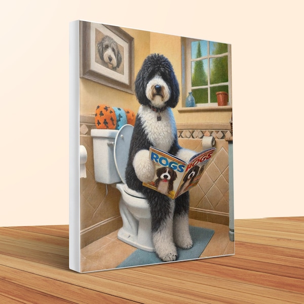 Funny Dog on Toilet Canvas Art: Hilarious Bathroom Decor