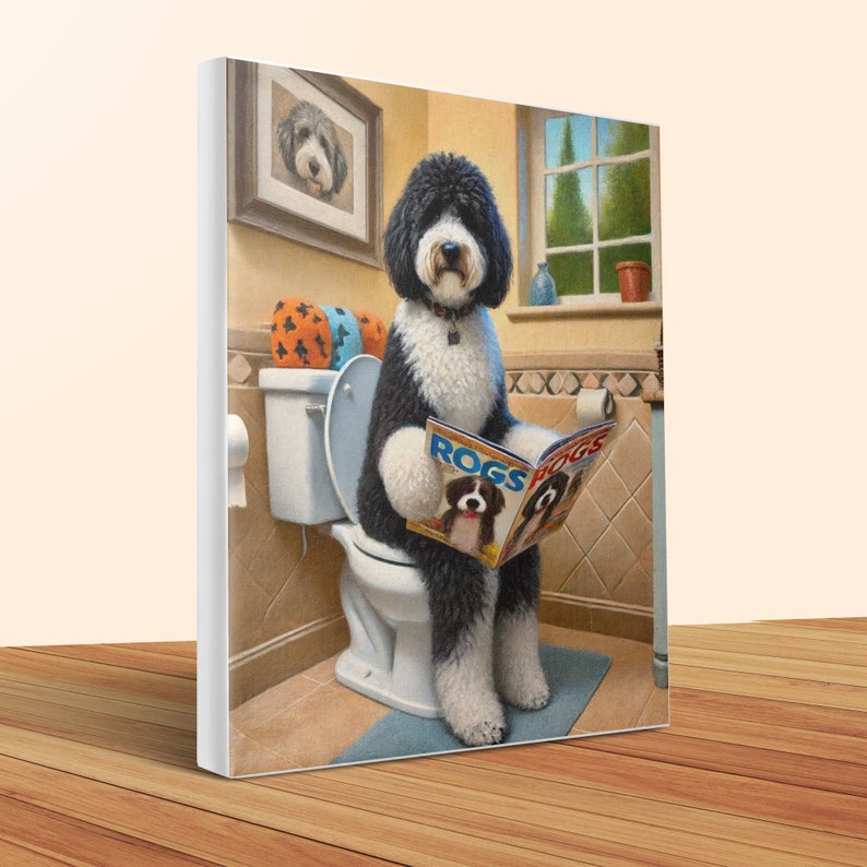 Funny Dog on Toilet Canvas Art: Hilarious Bathroom Decor image 1