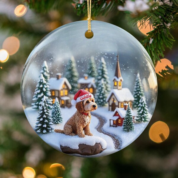 Personalized Goldendoodle Snow Globe Themed Ceramic Ornament Design is Printed on Both Sides