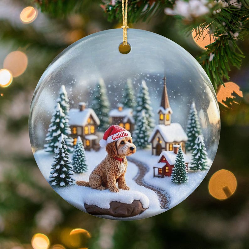 Personalized Dog Christmas Ornament, Winter Village Scene Decoration, Custom Pet Holiday Keepsake, Dog Lover Gift, Festive Home Decor