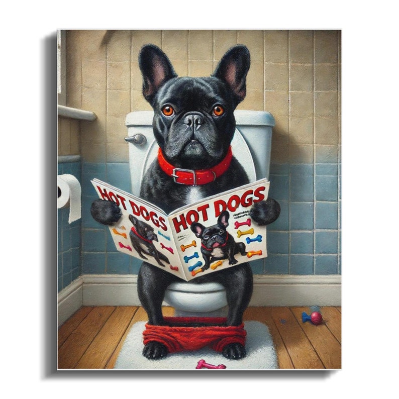 French Bulldog on Toilet Canvas, Funny Bathroom Pet Art, 20x24 image 2
