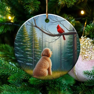 Cardinal and Goldendoodle Ornament, Stained-Glass Looking Design, Cardinal gift, Mothers Day Gift, Bird Lovers Gift, Dog Mom Gifts