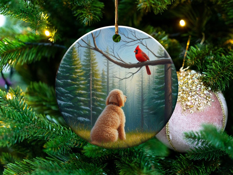 Cardinal and Goldendoodle Ornament, Stained-Glass Looking Design, Cardinal gift, Mothers Day Gift, Bird Lovers Gift, Dog Mom Gifts
