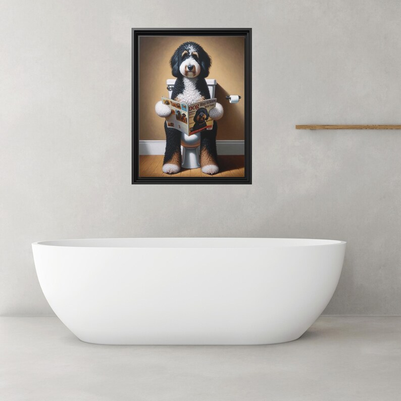 Framed Bernedoodle Toilet Portrait - Dog Reading Magazine, Bathroom Wall Art image 4