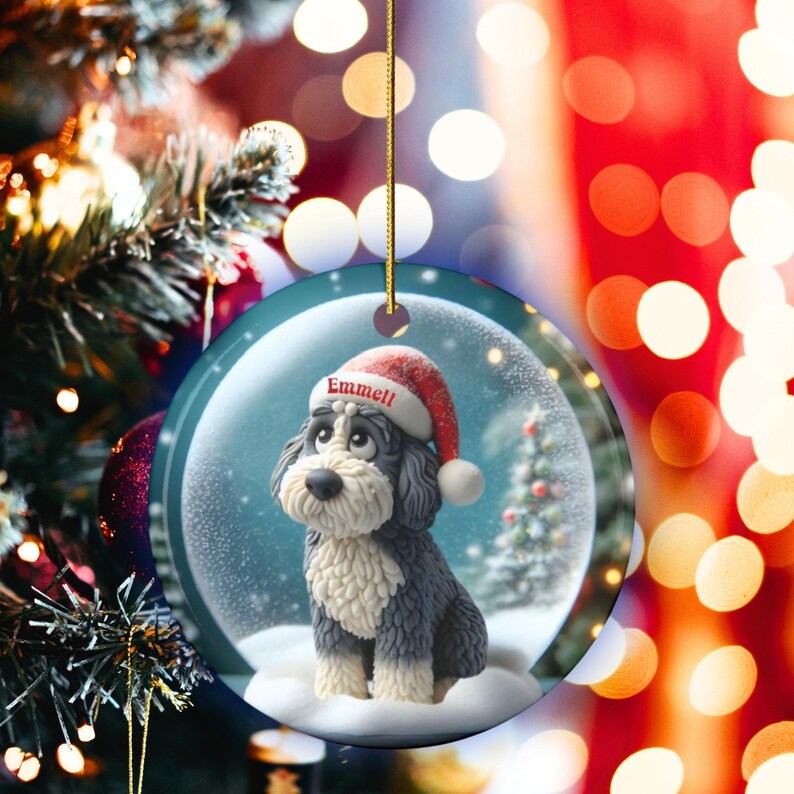 Sheepadoodle Dog Christmas Ornament, Festive Snow Scene Decor | Ceramic | Sublimation Two-Sided Keepsake image 15
