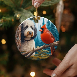Cardinal and Bernedoodle Dog Ceramic Ornament, Oil Paint Style Design, Cardinal Lovers Gift, Mothers Day, Bird Lovers, Custom Crafted Design