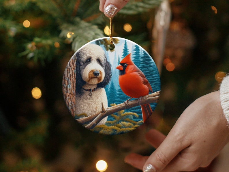 Cardinal and Bernedoodle Dog Ceramic Ornament, Oil Paint Style Design, Cardinal Lovers Gift, Mothers Day, Bird Lovers, Custom Crafted Design