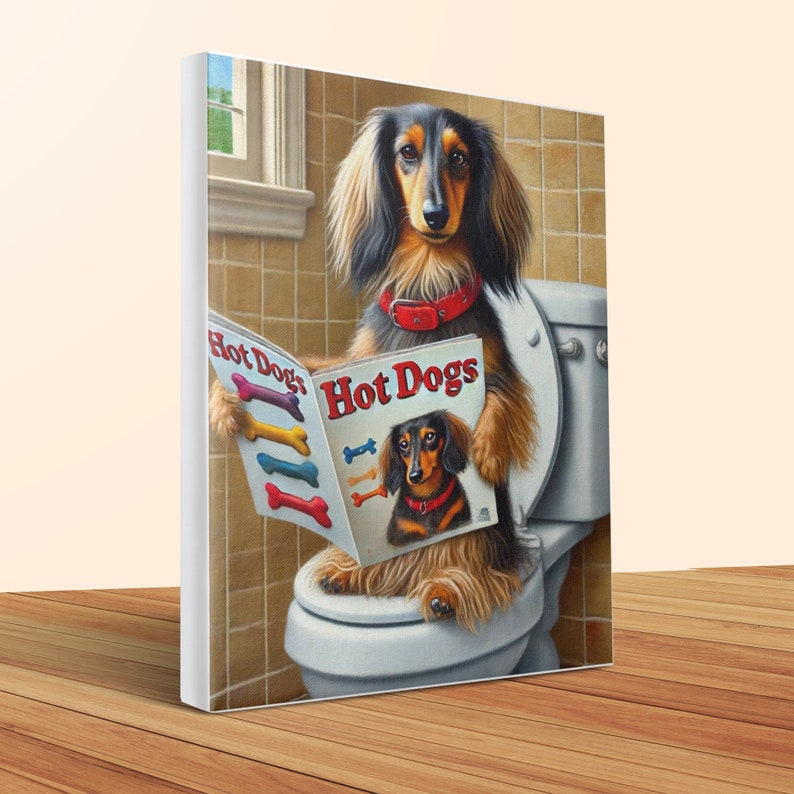 Dapple Dachshund on Toilet Canvas: Funny Bathroom Dog Art, 20x24 image 4
