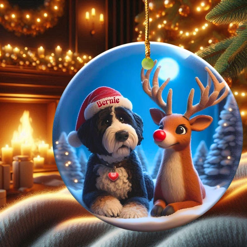A fluffy Bernedoodle sits beside a gentle reindeer with a glowing red nose in a snowy winter forest. Soft blue and golden holiday lighting highlights the animals as snow falls around them. The Bernedoodle’s expressive face and the reindeer’s warm glow create a peaceful, magical Christmas scene perfect for woodland and dog-themed holiday décor.