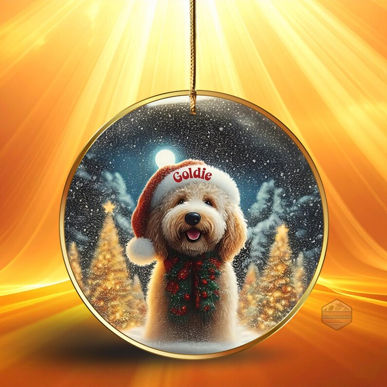 Goldendoodle ceramic ornament, personalized with the dog's name on the Santa Hat!  The piece is 3 inches in diameter and designed in a beautiful ink and oil design.  Front and back print!