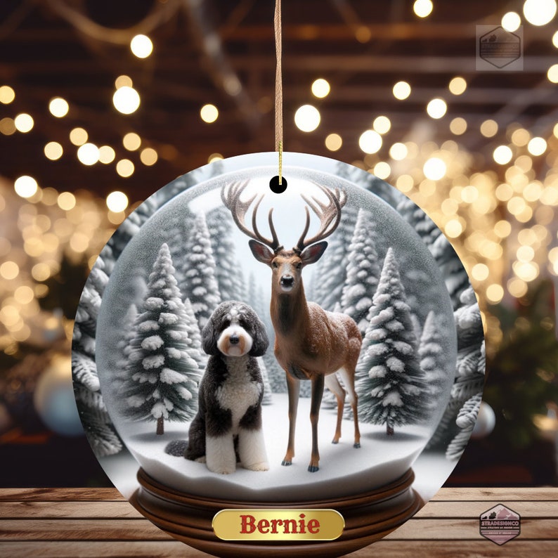 Ceramic Ornament - Customizable with Dog name- Not a snow globe - Bernedoodle Ornament