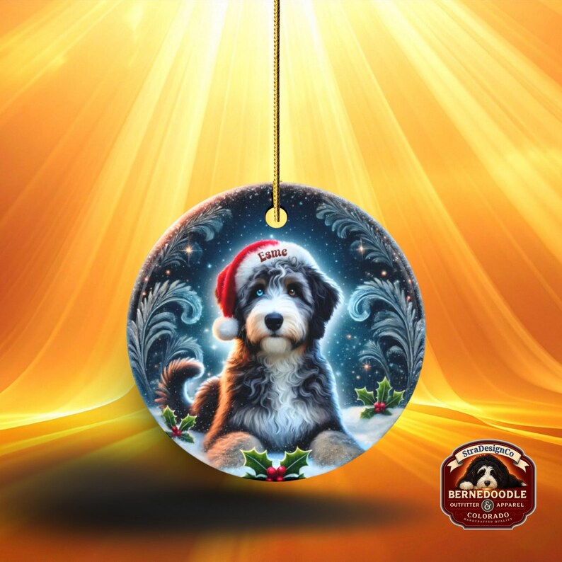 Merle Bernedoodle, Personalized Santa Hat Ornament | Sublimation Ceramic | Custom Dog Lover Gift image 9