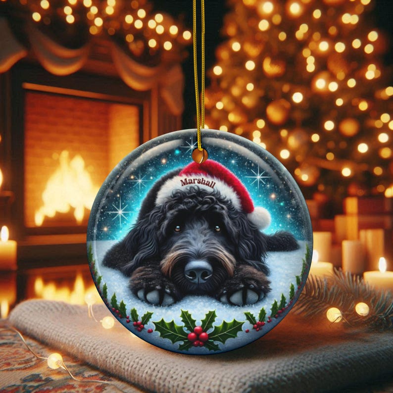 Personalized Black Doodle Dog Christmas Ornament - Festive Ceramic Decoration | Sublimation | 3 Inch Custom Pet Tree Keepsake image 1