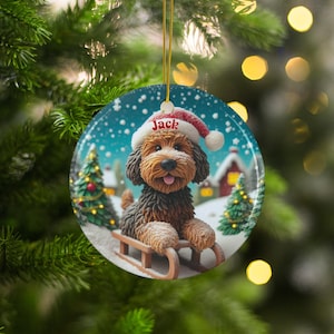 Christmas Dog Ornament, Cute Puppy on Sled, Personalized Holiday Decoration, Custom Pet Christmas Ornament, Xmas Tree Hanging Decor
