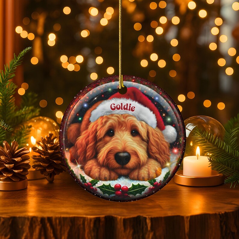 Ceramic golden doodle goldendoodle doodle dog ornament with impressive snow globe style design on both sides.  Excellent doodle mom gift.  Goldendoodle holiday heirloom gift and Christmas Tree Ornament!