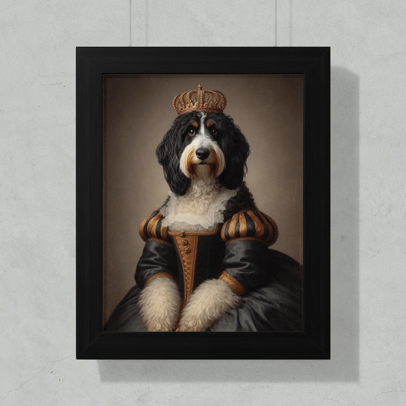 Royal Dog Portrait Wall Art, Baroque Style Pet Painting, Noble Animal Artwork, Black Frame Print, Unique Gift for Pet Lovers