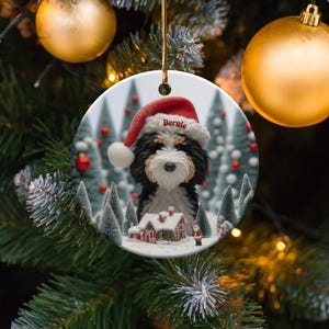 Custom Dog Ornament, Bernedoodle Christmas Gift - Two Sided Sublimation Ceramic Keepsake - Santa Hat Pup Holiday Decor image 4