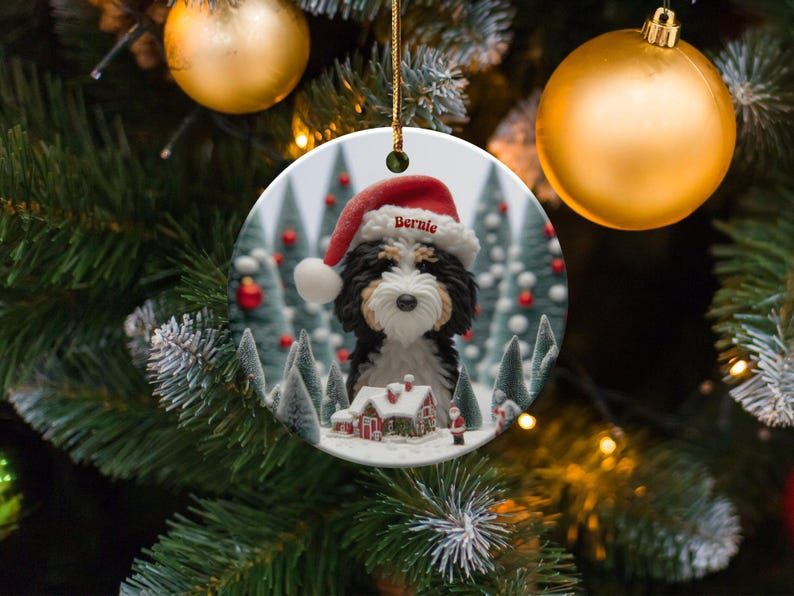 Custom Dog Ornament, Bernedoodle Christmas Gift - Two Sided Sublimation Ceramic Keepsake - Santa Hat Pup Holiday Decor image 4