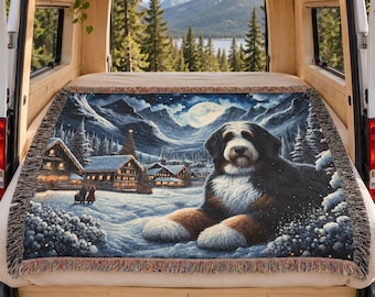 Bernedoodle Dog - Woven Blanket - Christmas Village, Cotton Yarn Fringe, Holiday Home Accent