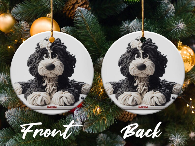 Bernedoodle Ornament, Dog Lover Gift | Sublimation Ceramic | Two-Sided Keepsake, Black White Illustration image 4