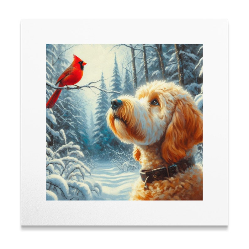 Bernedoodle- und Kardinal-Winter-Leinwandbild, Geschenk für Hundeliebhaber Bild 8