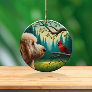 Cardinal and Goldendoodle Ceramic Ornament, Oil Paint Style Design, Cardinal Lovers Gift, Mothers Day, Bird Lover, Red Cardinal and Dog Gift
