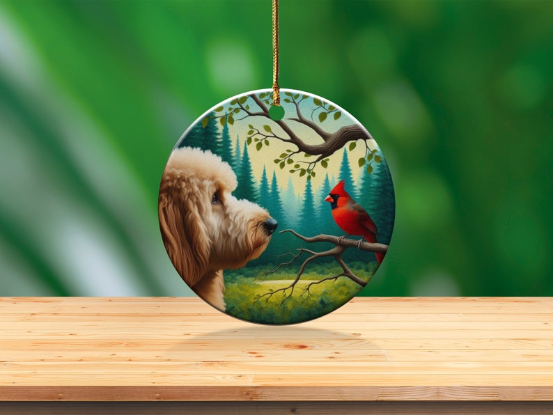 Cardinal and Goldendoodle Ceramic Ornament, Oil Paint Style Design, Cardinal Lovers Gift, Mothers Day, Bird Lover, Red Cardinal and Dog Gift
