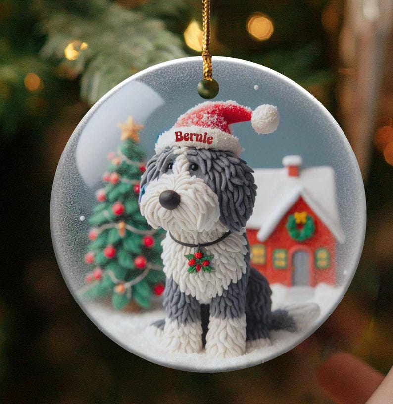 Custom Pet Ornament, Sheepadoodle Snow Scene Keepsake | Sublimation Ceramic | 3 Inch, Double Sided Bild 1