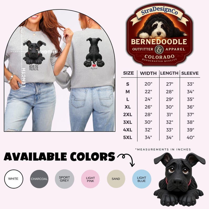 Puede incluir: Sudadera gris claro con un dise&ntilde;o de perro Bernedoodle negro en la parte delantera y trasera. El dise&ntilde;o frontal incluye el nombre "Kenzie". Disponible en varios colores, con medidas en pulgadas. La marca es StraDesignCo.