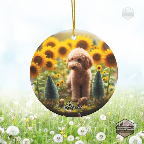 Custom Spring Ceramic Ornament, Goldendoodle Sunflower | Sublimation | Round Disc, Front Back Print, Gold Toned String