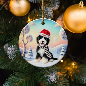 Bernedoodle Ornament, Personalized Ceramic Keepsake | Sublimation Christmas Tree Charm | Dog Lover Gift Gold String imagen 3