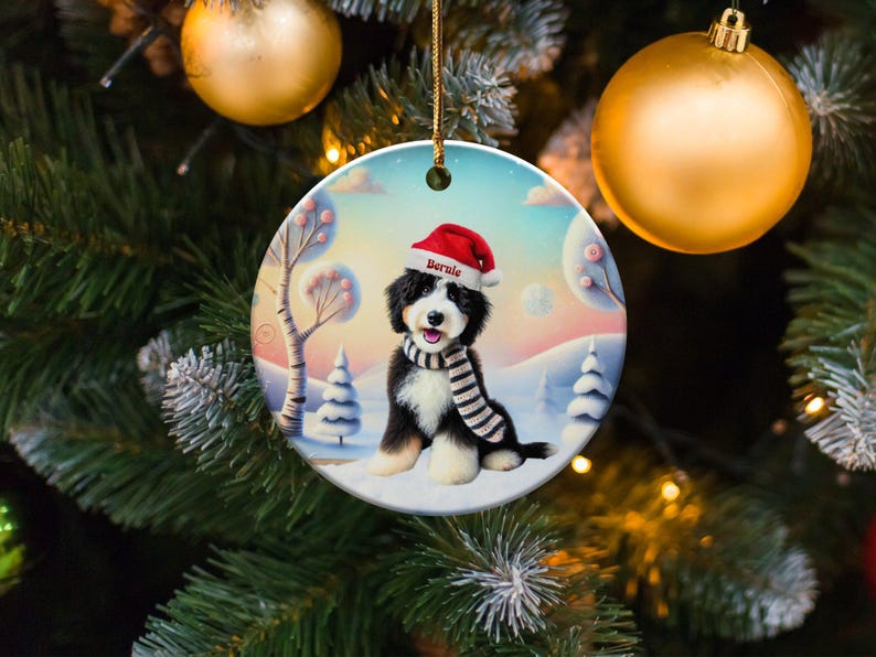 Bernedoodle Ornament, Personalized Ceramic Keepsake | Sublimation Christmas Tree Charm | Dog Lover Gift Gold String imagen 3
