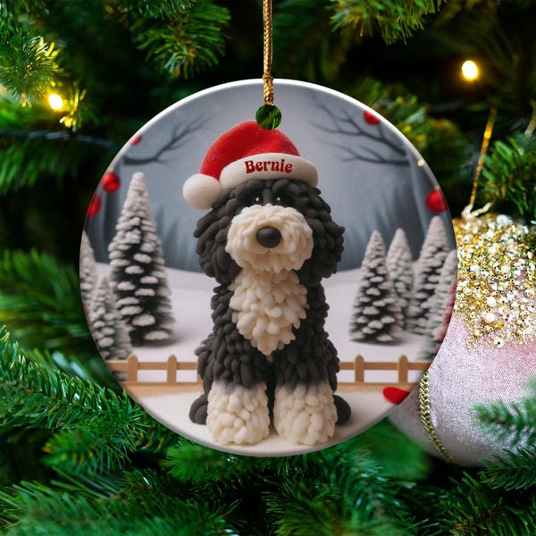Bernedoodle Ornament, Santa Hat Dog Keepsake | Double Sided Ceramic | Sublimation Festive Tree Decor