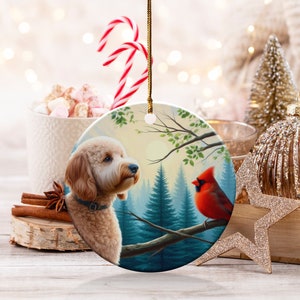 Cardinal and Doodle Dog Ceramic Ornament, Oil Paint Design image 5