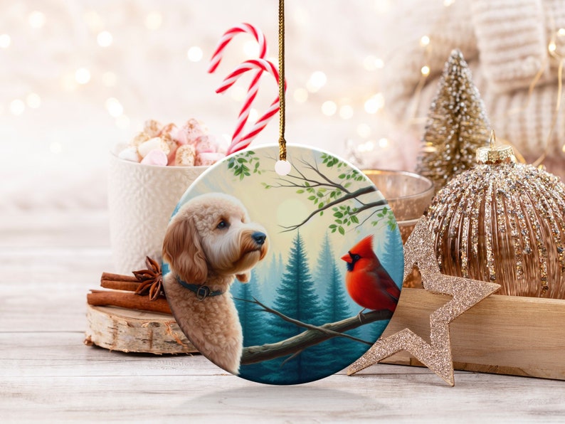 Cardinal and Doodle Dog Ceramic Ornament, Oil Paint Design image 5