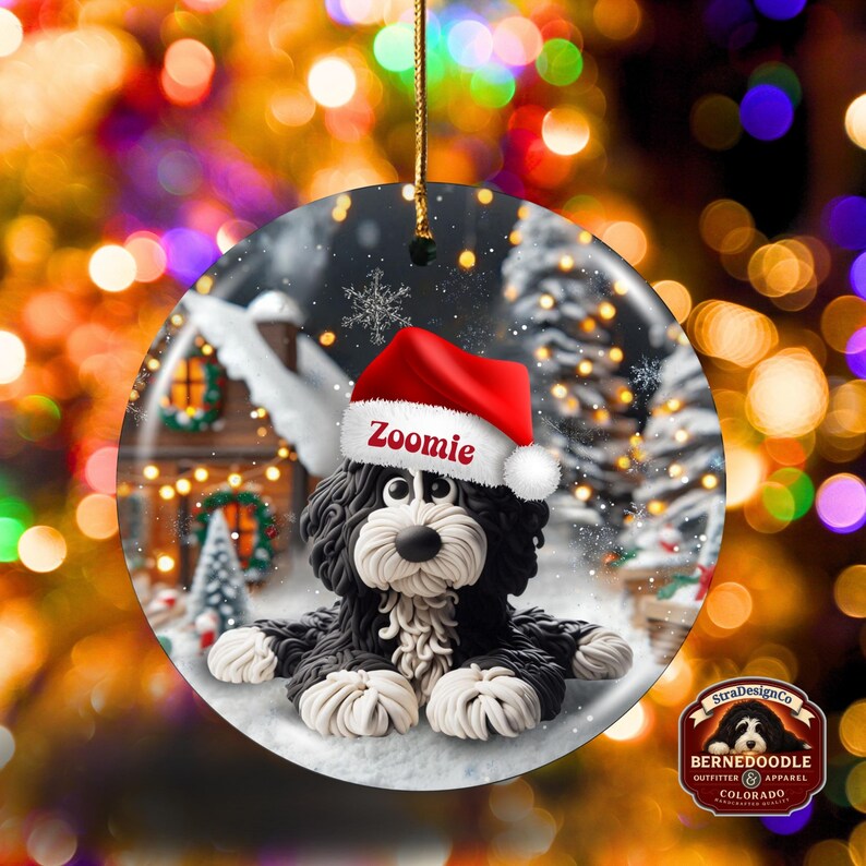 May include: A round Christmas ornament featuring a black and white Bernedoodle dog wearing a red Santa hat with the name "Zoomie". The ornament has a winter scene background with a house and snow. A gold string is attached for hanging.